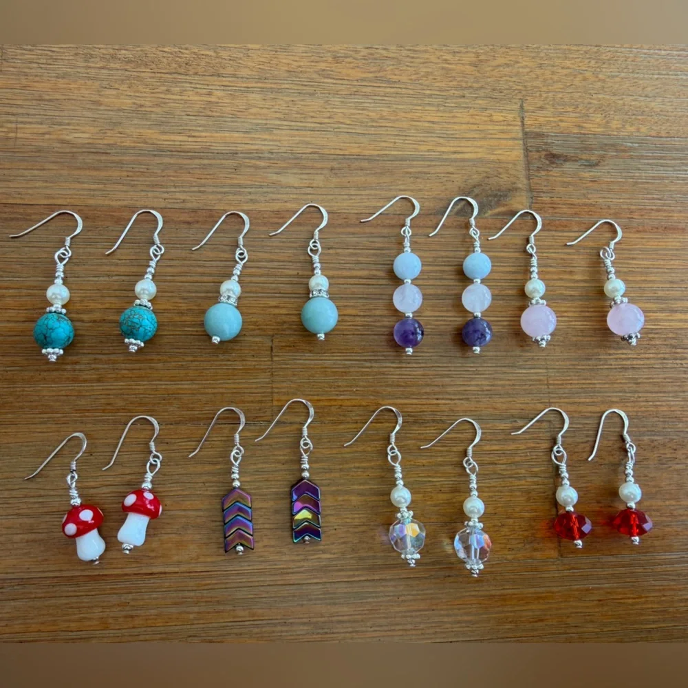 Amethyst, Rose Quartz & Aquamarine Handmade Earrings 925 Sterling Silver Hooks - Picture 6 of 6